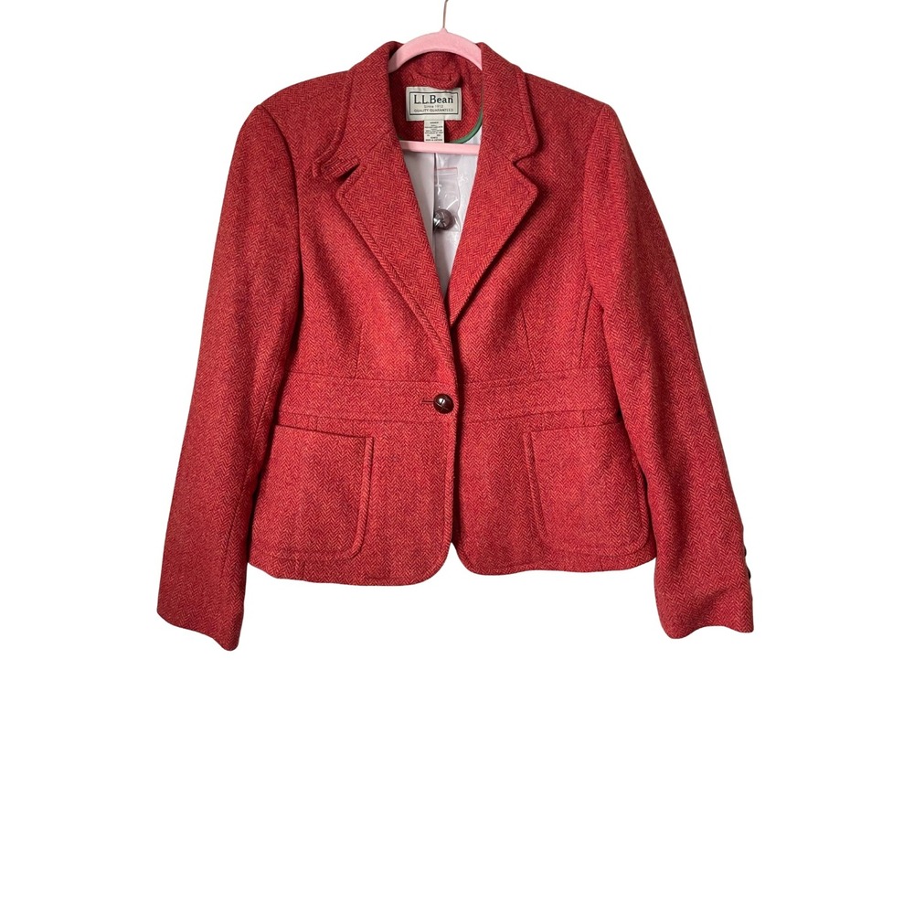 LL Bean Blazer Womens 14 Red Shetland Wool Herringbone Single Button Jacket NEW